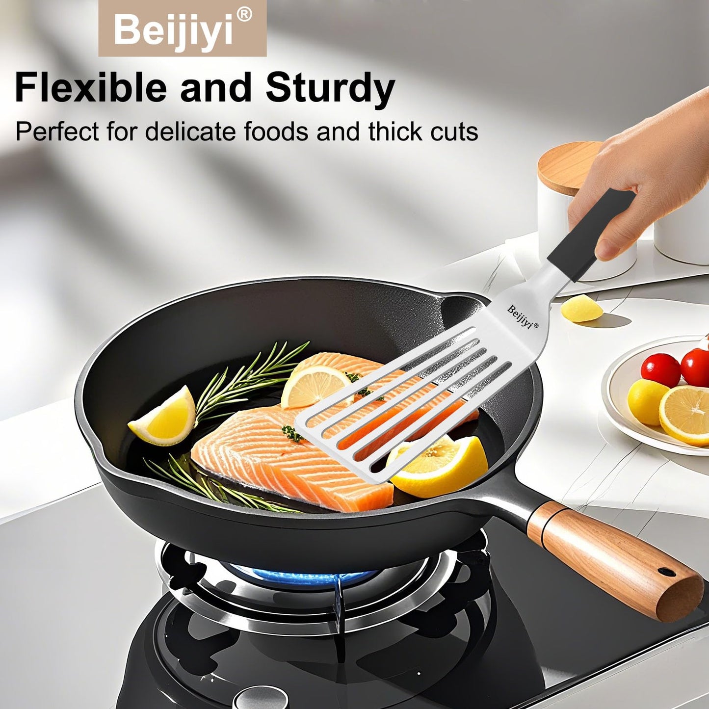 Beijiyi Stainless Steel Fish Spatula Set, 13.3"&11.3" Slotted Turner with Ultra Thin Beveled Edge, Heat Resistant Silicone Handle, Dishwasher Safe Metal Cooking Utensils for Fish, Egg, Burgers