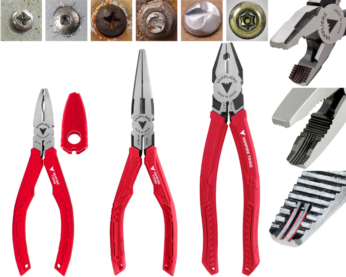 VAMPLIERS 3-PC Screw Extractor Pliers Set. Made in Japan: 8" Linesman, 7" Long Nose & 6.25" Combination Pliers. Stripped Screw Removal Tools with Unique Non-Slip Jaws & Wire Cutter.