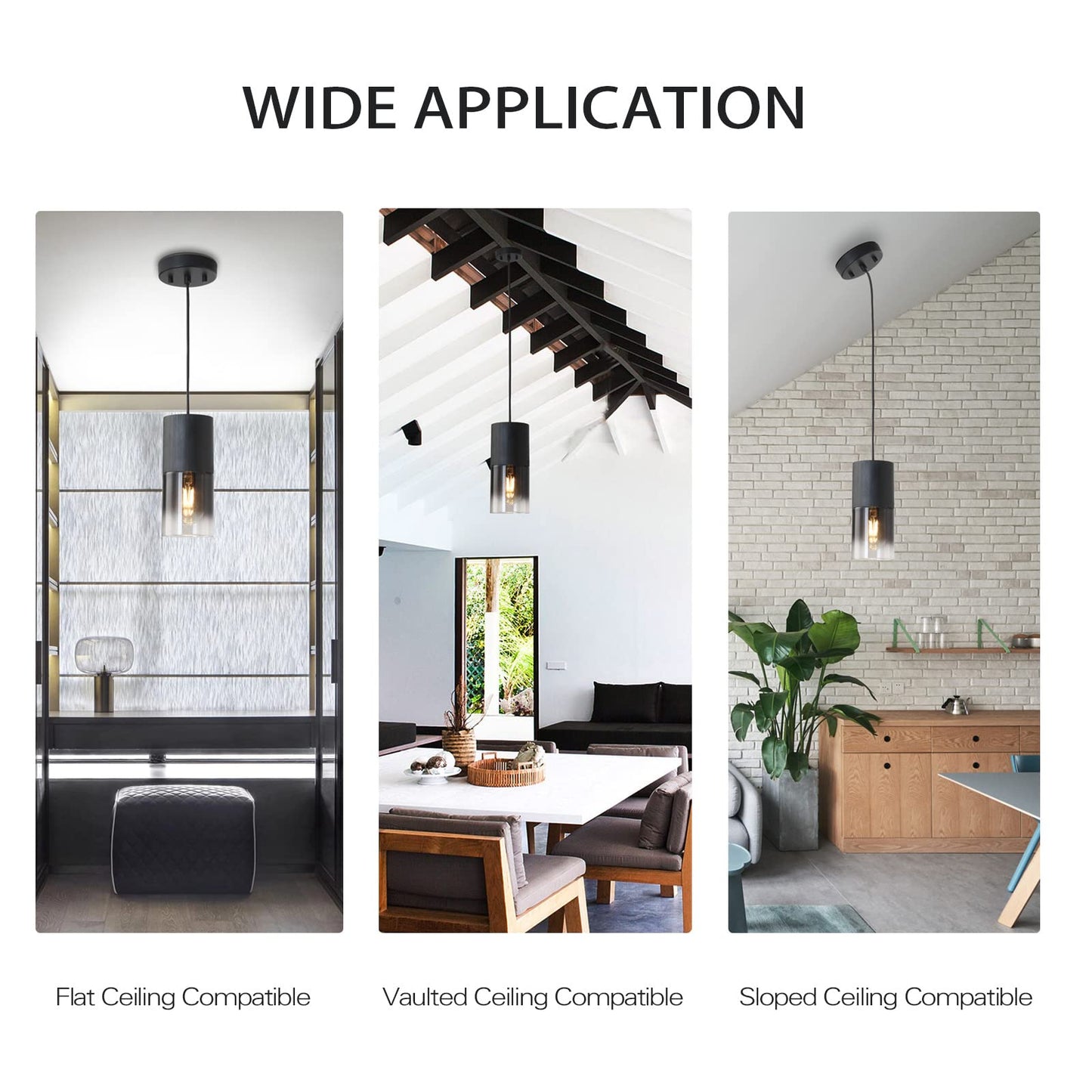 LINSEEDS 3-Pack Black Pendant Light Fixtures, Adjustable Modern Pendant Lights for Kitchen Island, Industrial Glass Pendant Lights for Dining Table Hallway Bedroom Living Room
