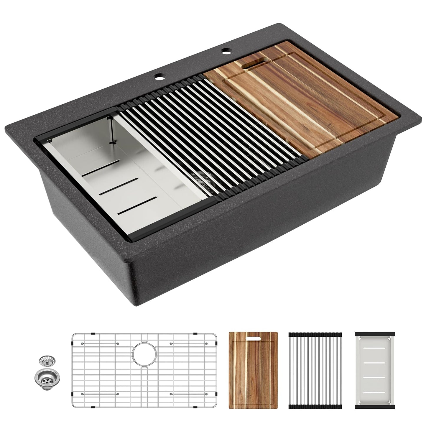 Sarlai Granite Composite Kitchen Sink - 33"x22" Drop In Kitchen Sink Matte Black Ledge 33 Inch Workstation Granite Quartz Composite Top-Mount Single Bowl Sinks Basin with Accessories