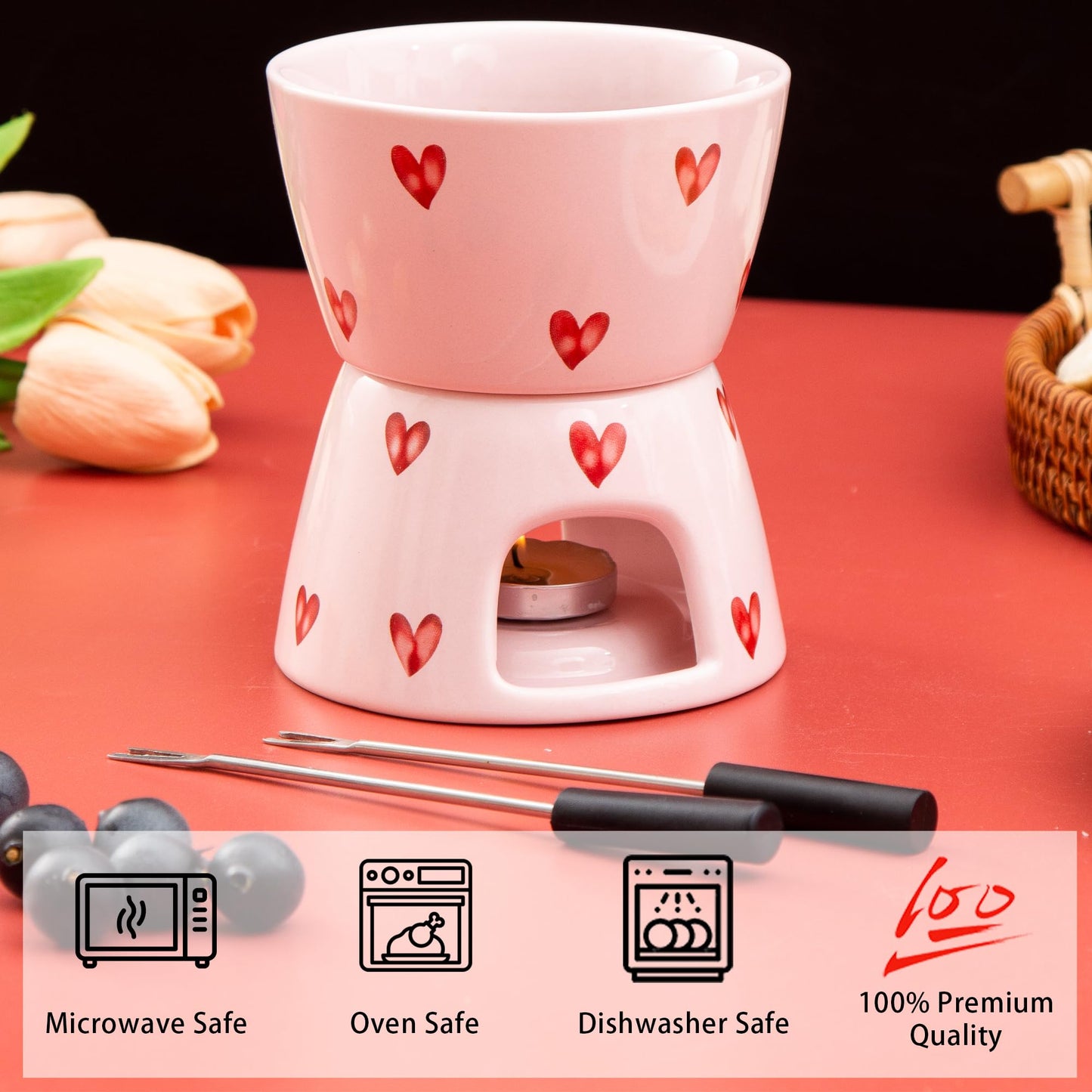 YumiPLUS Sweet Cheese Fondue Cup with 2 Dipping Forks, Ceramic Chocolate Melting Cup Set, Individual Fondue Mug for Dessert, Small Chocolate Melter for Dating/Anniversary/Gift/Valentine (Pink)