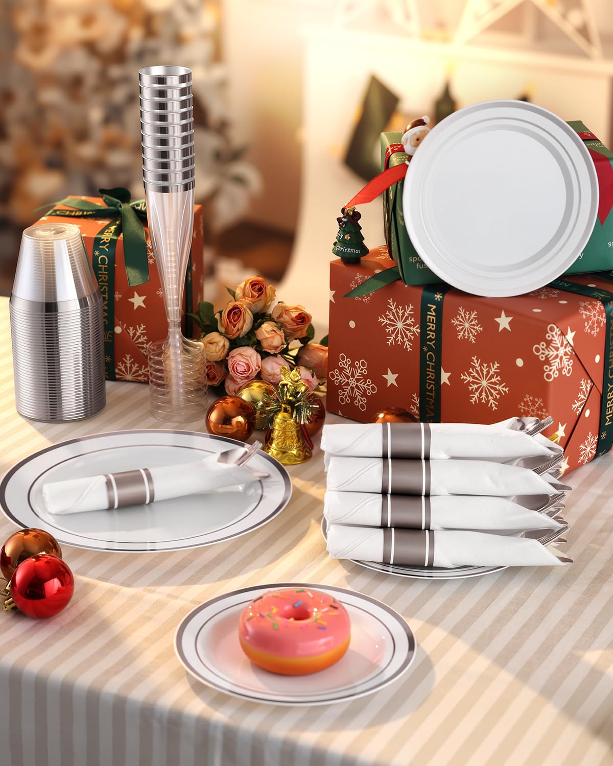 Goodluck 320 PCS Silver Disposable Plastic Dinnerware Set for 40 Guests, Include 40 Dinner Plates, 40 Dessert Plates, 40 Napkins with Silverware, 40 Cups, 40 Champagne Glasses, for Christmas, Wedding