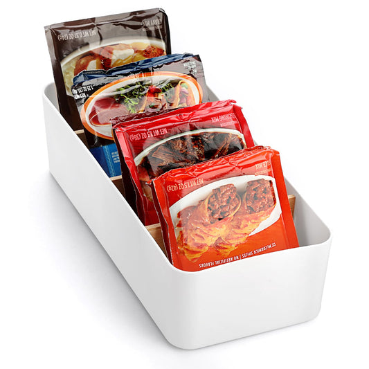 BSTKEY Seasoning Packet Organizer, Food Storage Organizer with Divided 4 Bamboo Wood Compartments, White Plastic Storage Caddy for Pantry Cabinet, Kitchen Organization Bin for Snacks Spice Packets