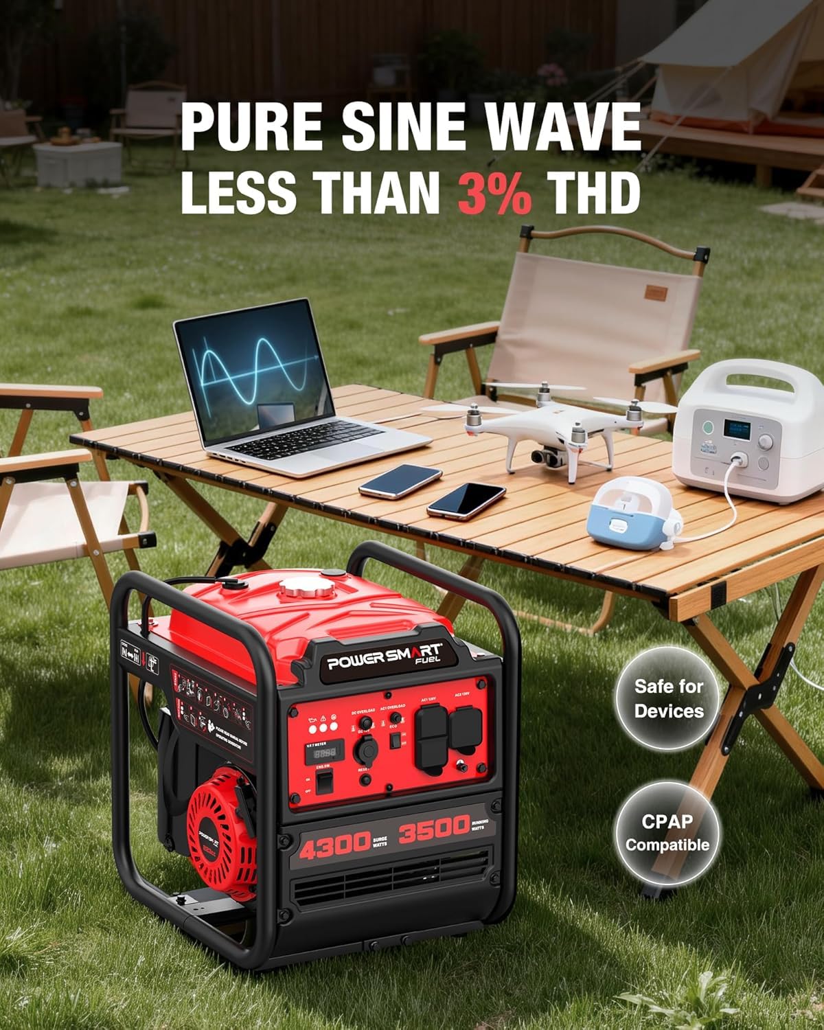 PowerSmart 4300-Watt Portable Generator with Inverter Technology, 3500W Rated, 223cc 4-Stroke Gas Powered Engine, 30 Amp for Home Backup, Camping, Emergency