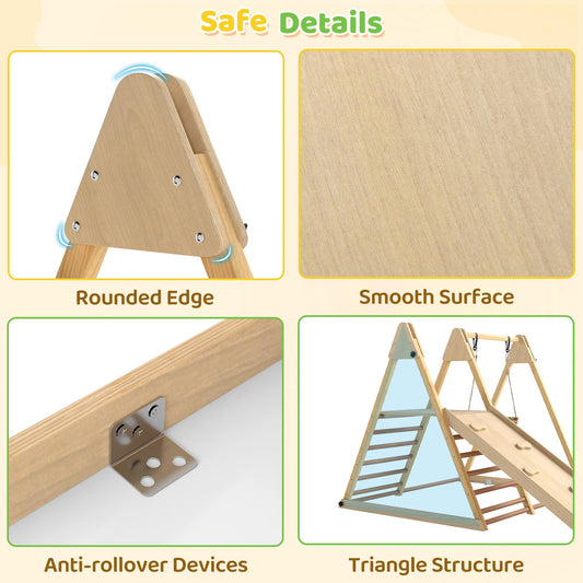 OLAKIDS Indoor Jungle Gym, 3 in 1 Wooden Foldable Montessori Toddler Climbing Toys with Adjustable Baby Swing Ramp Ladder