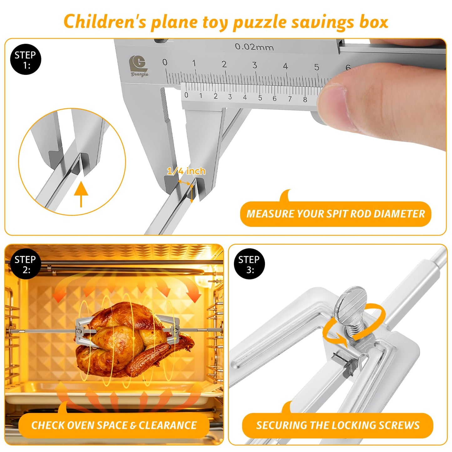 Abaodam Adjustable Rotisserie Fork 1/4 inch Rotisserie Spit Rod for Air Fryer, Stainless Steel Replacement Meat Fork, 15” Telescopic for Oven Air Fryer Accessory