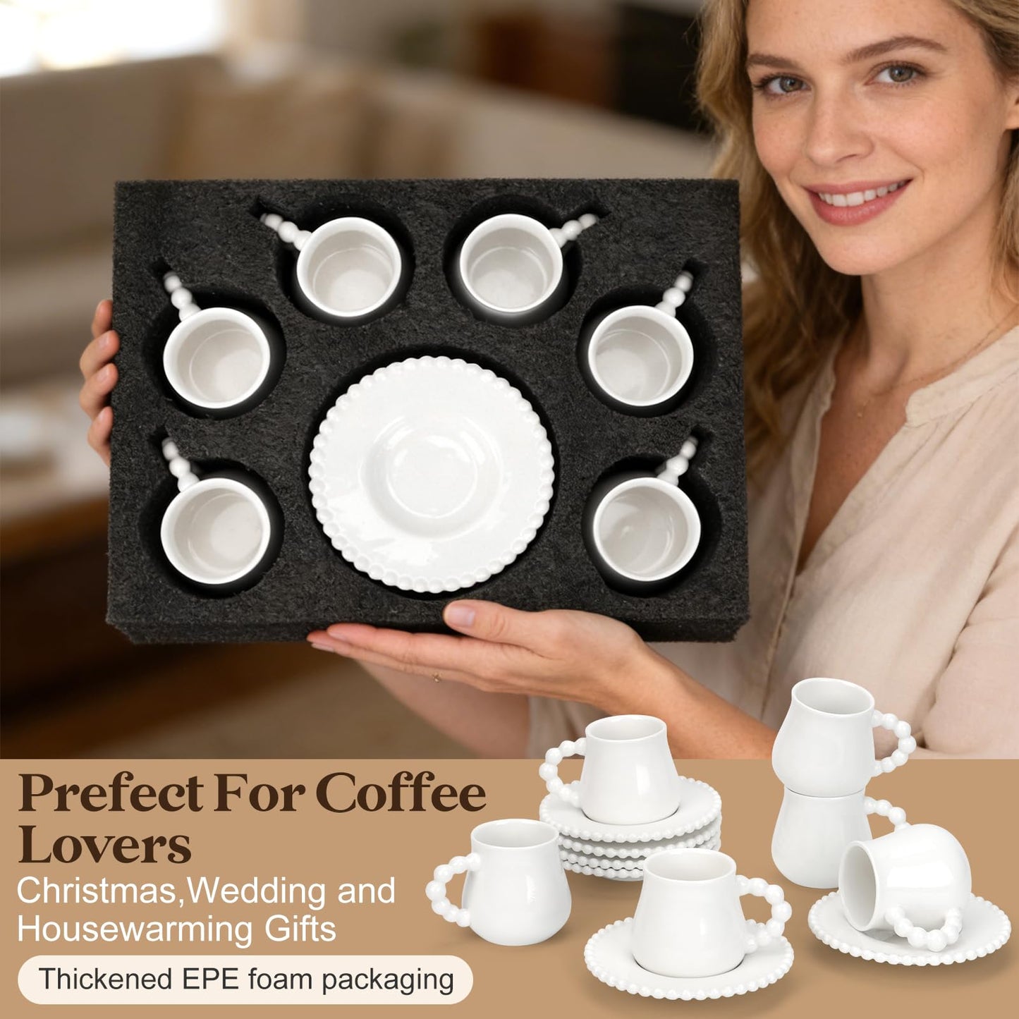 Hebaogugu Coffee Cup Set of 6 with Saucers, 3.5 OZ Ceramic Espresso Cups, Elegant Deco Turkish Coffee Cup Gift for Cappuccino, Latte, Cafe Mocha and Tea, Dishwasher & Microwave Safe (Pearl White)