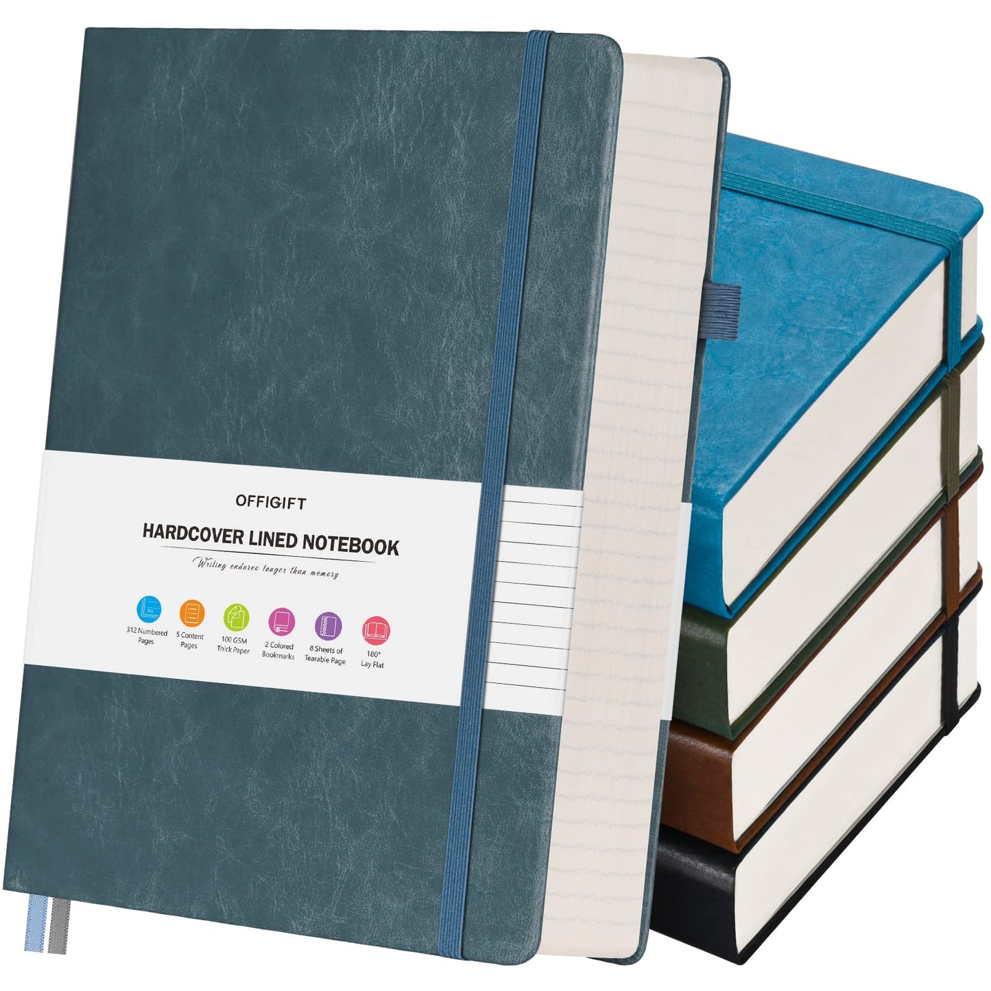 5 Pack College Ruled Notebook, 312 Numbered Pages Thick Notebooks Bulk, 100gsm No Bleed Paper Hardcover Leather Journal, Lined Journal Notebook Set for Women Men School Office, A5, Multicolor