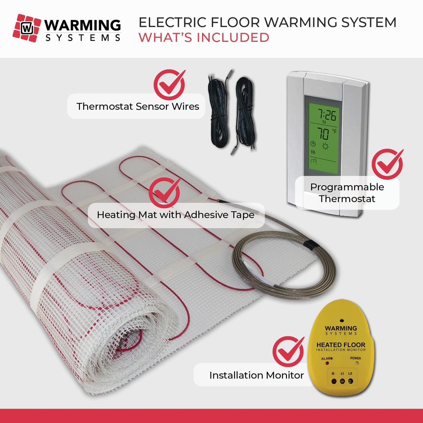 Warming Systems 50 Sqft Electric Radiant Floor Heating Mat – 120V Heated Tile Floor System with Programmable Thermostat (TH115), Floor Sensor, Installation Monitor & 25 Year Warranty, USA Made