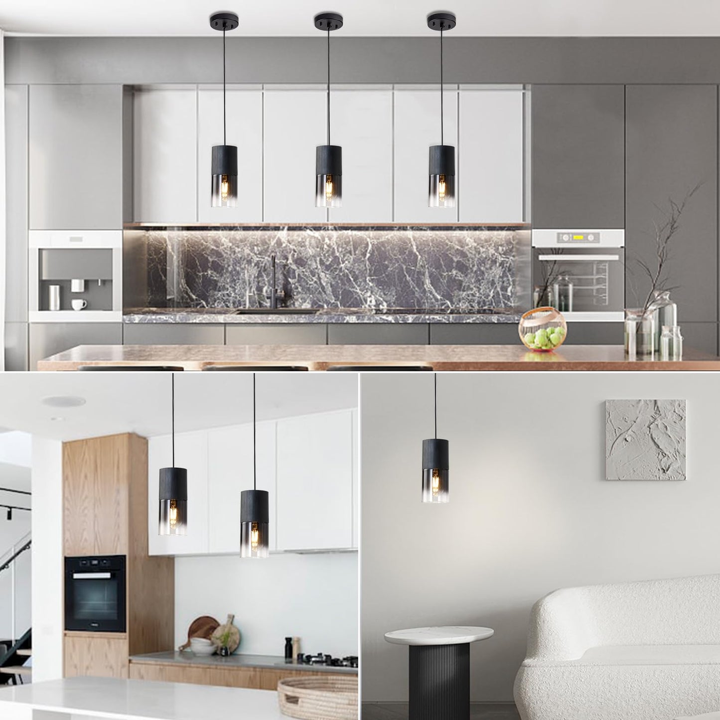 LINSEEDS 3-Pack Black Pendant Light Fixtures, Adjustable Modern Pendant Lights for Kitchen Island, Industrial Glass Pendant Lights for Dining Table Hallway Bedroom Living Room