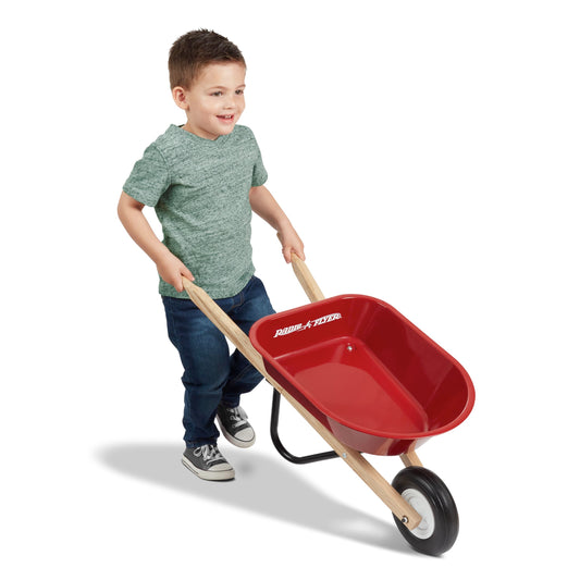 Radio Flyer Classic Kids Wheelbarrow, For Kids 3+, Seamless Steel Tray with No-Scratch Edges, Real Wooden Handles, Durable Front Wheel, Steel Undercarriage, 25 lb Capacity, Garden Toy for Children