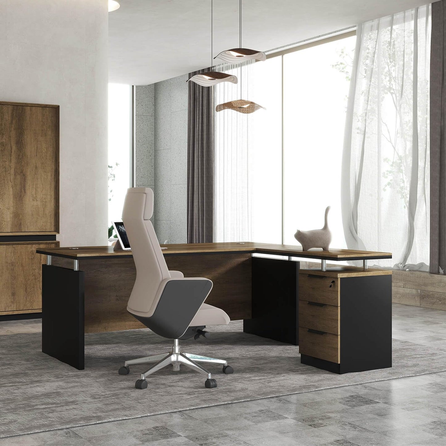 63 Inch L-Shaped Executive Desk Set of 2, Industrial Modern Wood Office Desk with 3 Drawers, Built-in Cable Management & Power Outlet, Real Wood Finish, Reversible Left/Right Return Home Workstation