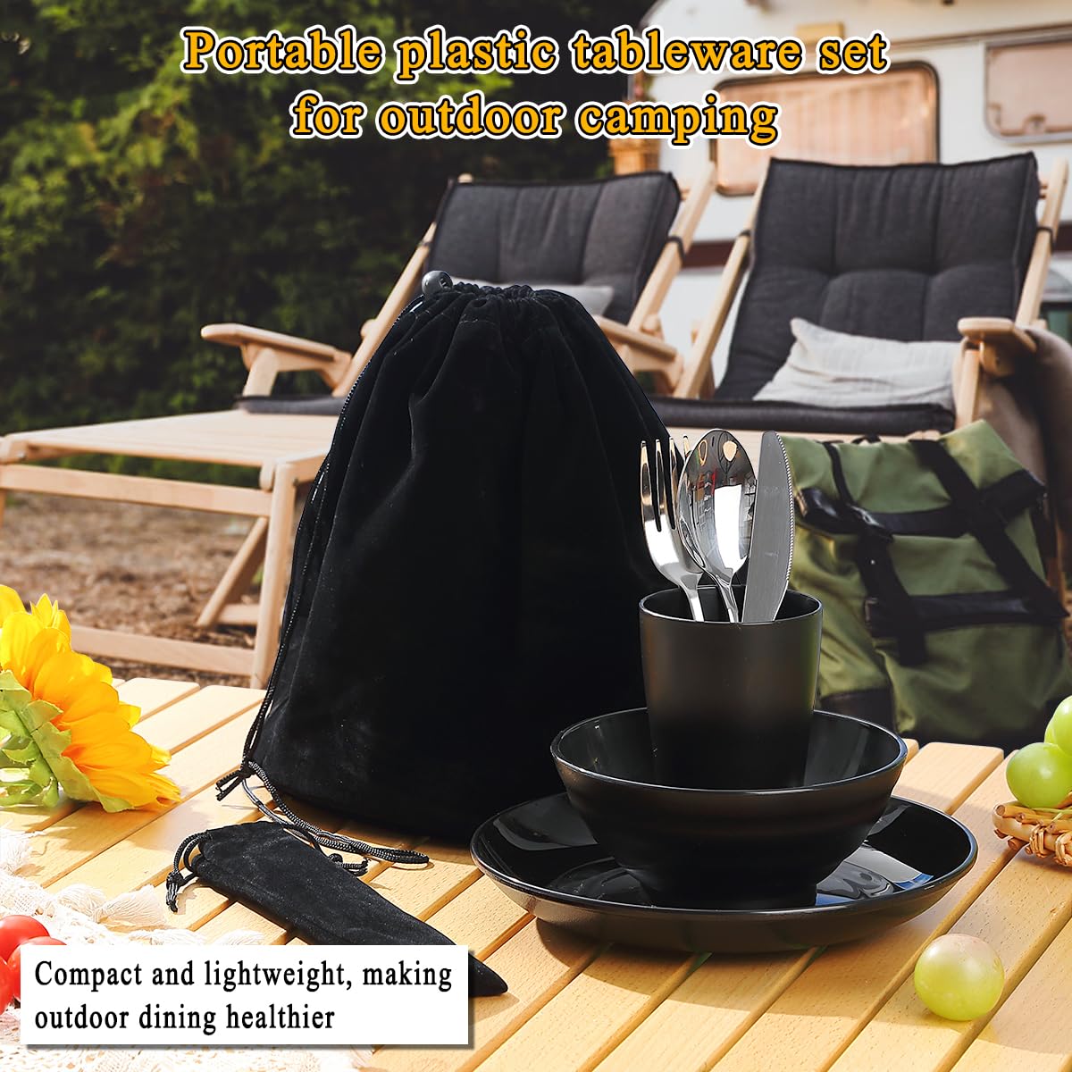 Kyraton Camping Utensils, Portable Travel Silverware Set with Reusable Light Weight Mug, Bowls and Plate, Stainless Steel Cutlery Set, Camping Mess Kit for 1 Person