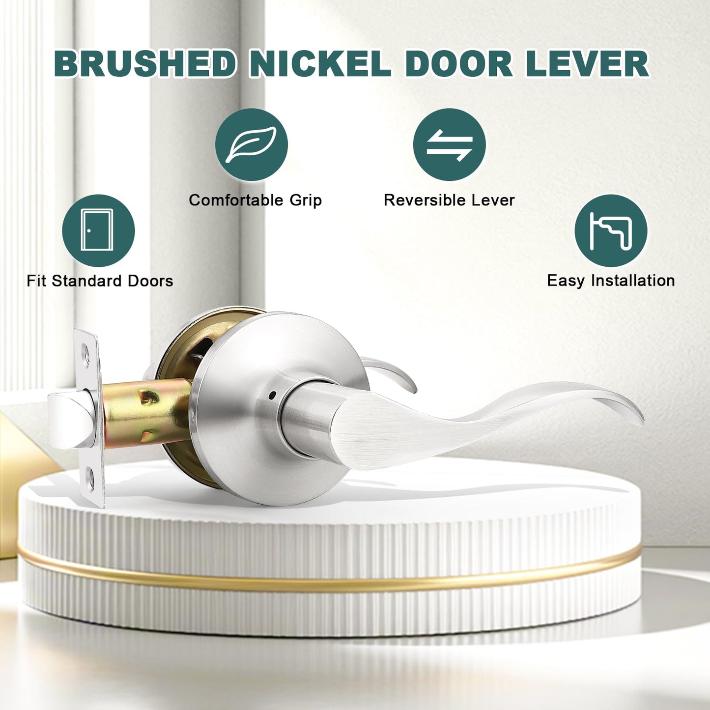 GOBEKOR Door Handles Brushed Nickel Passage Door Handle Interior Door Lock Keyless Hall Closet Door Knob Silver Passage Door Levers, Reversible Lever, 6 Pack