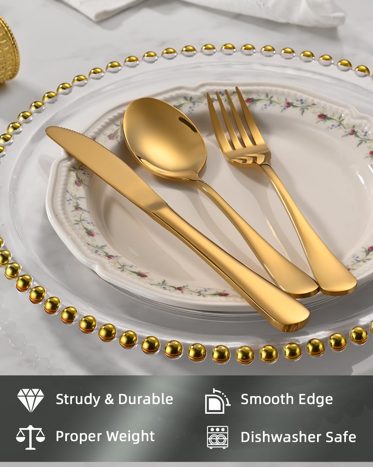 ERVILO 60 Piece Gold Silverware Set - Service for 20, Stainless Steel Flatware Cutlery Set Include Knife Spoon Fork, Mirror Polished Gold Utensils for Wedding, Restaurant, Home, Dishwasher Safe