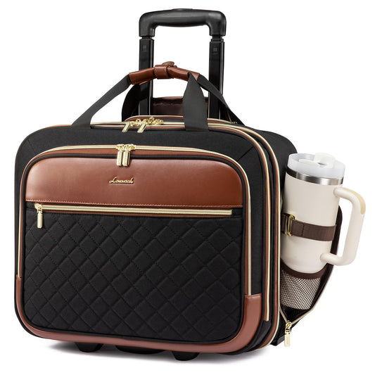 LOVEVOOK Rolling Laptop Bag Women, 17.3 Inch Laptop Briefcase with Wheels, Soft Sided Underseat Carry On Luggage Personal Item Suitcase for Work Travel Business, Black Brown