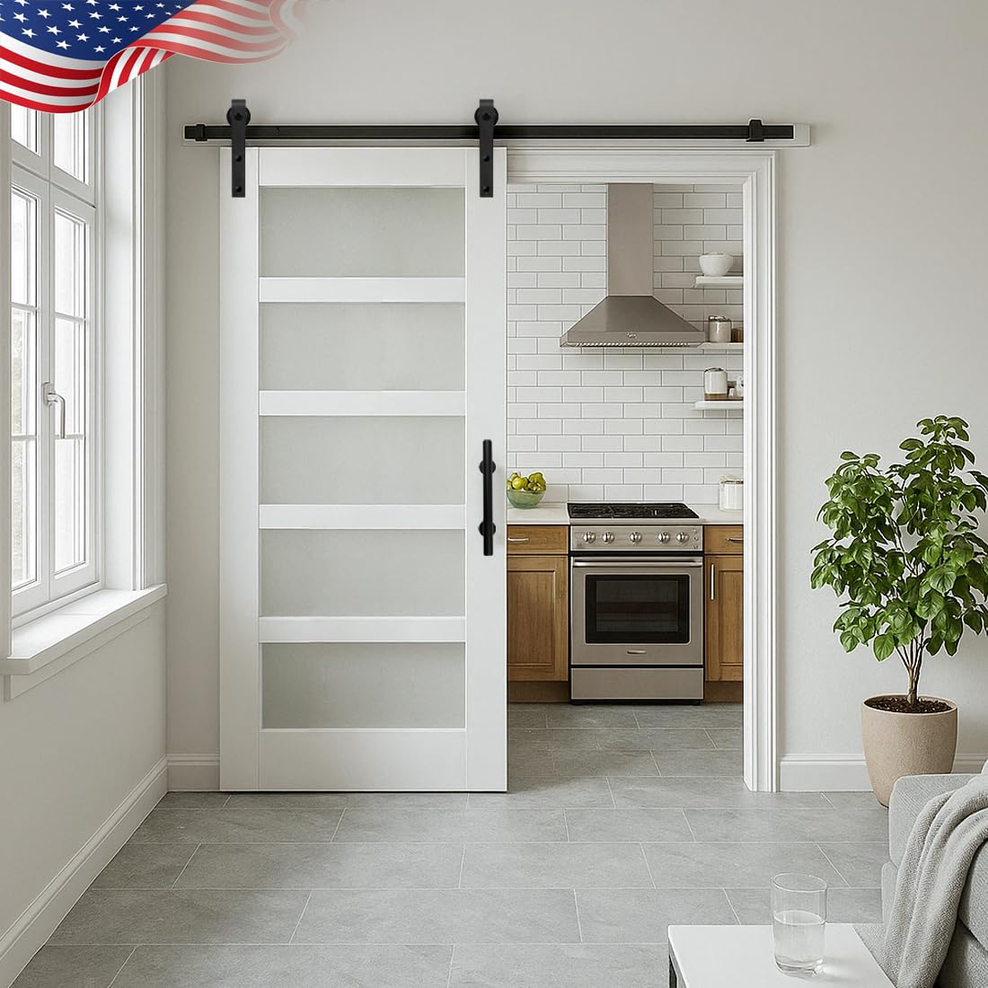 S&Z TOPHAND 36in x 84in Glass Sliding MDF Barn Door with 6.6FT Sliding Door Hardware Kit, 5 Tempered Frosted Glass, Slab Inside Covered with Water-Proof PVC Surface, Simple DIY Assembly