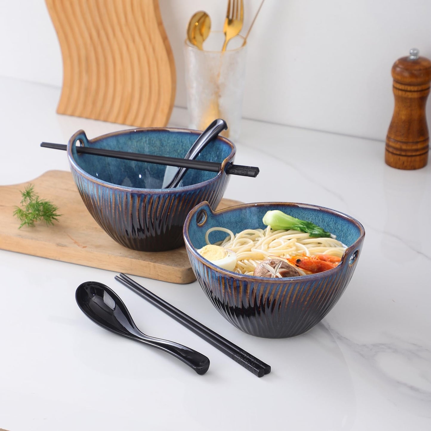 STE-CER Ceramic Ramen Bowl with Chopsticks and Spoons Set, 6.7 Inch Noodle Bowl Set for Pho Udon Soba, Set of 2 (Sky Blue)