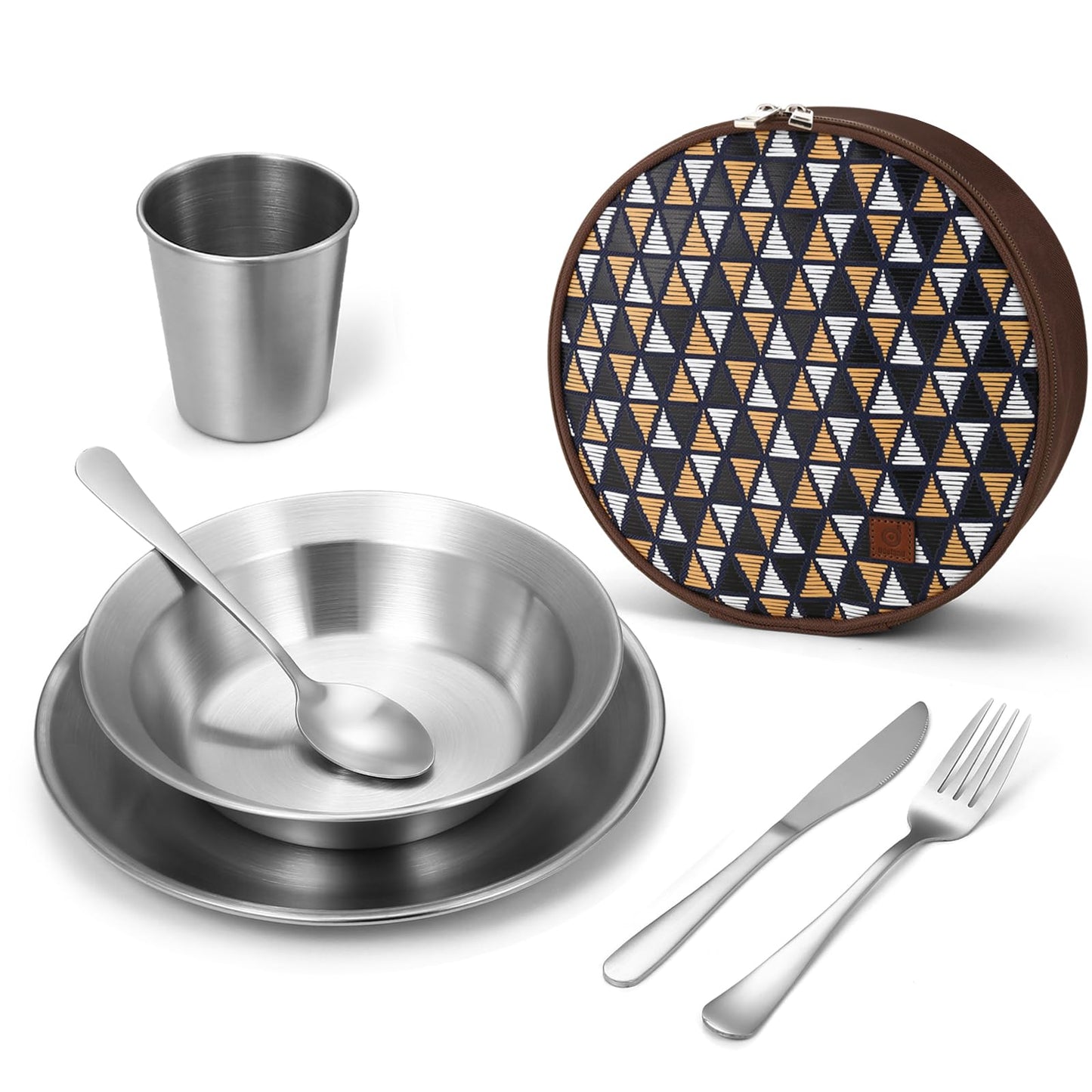 Odoland Stainless Steel Camping Mess Kit for Family & 1 Person, Cooking Tableware Utensils with Plates Bowls Forks Spoons Knives & Savings Bag for Camping, Backpacking, Hiking, Picnic, 1 Person Set