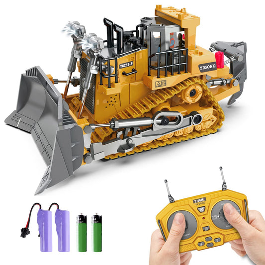 Dwi Dowellin Rc Bulldozer Toys for Boys,Construction Remote Control Bulldozer with Metal bulldozing Shovel Lights/Sounds for Kids Boys