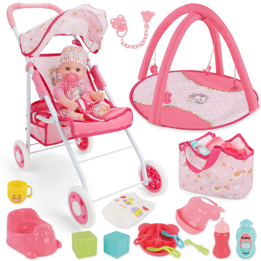 deAO Baby Doll Stroller Set with 12" Baby Dolls Nursery Playset 17 PCS Baby Doll Accessories with Play Mat,Storage Bag,Baby Stroller Toys for Girls Toddlers 3+ Pretend Play Gifts