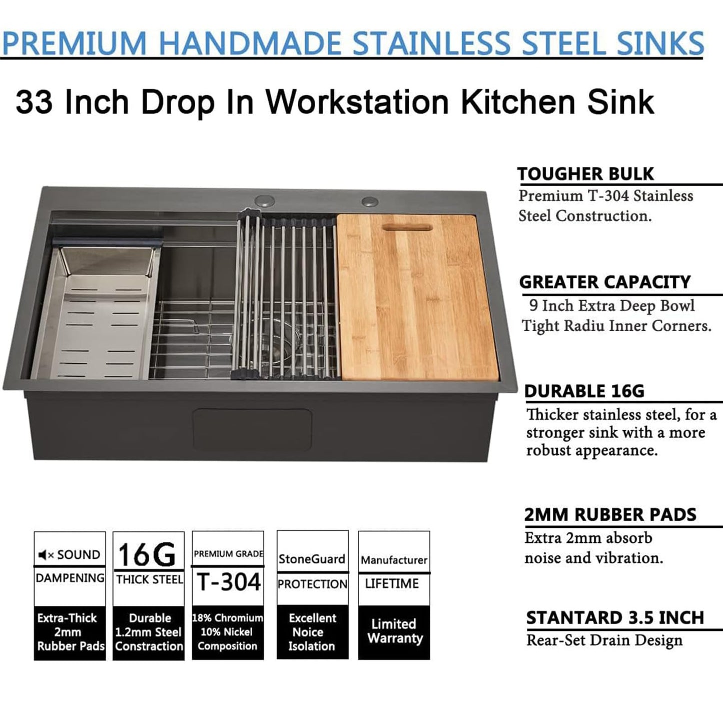 SHACO 33x22 Black Drop In Kitchen Sink, 33 Inch Topmount Gunmetal Black Stainless Steel Single Bowl Overmount Double Ledges Workstation Sink with Accessories