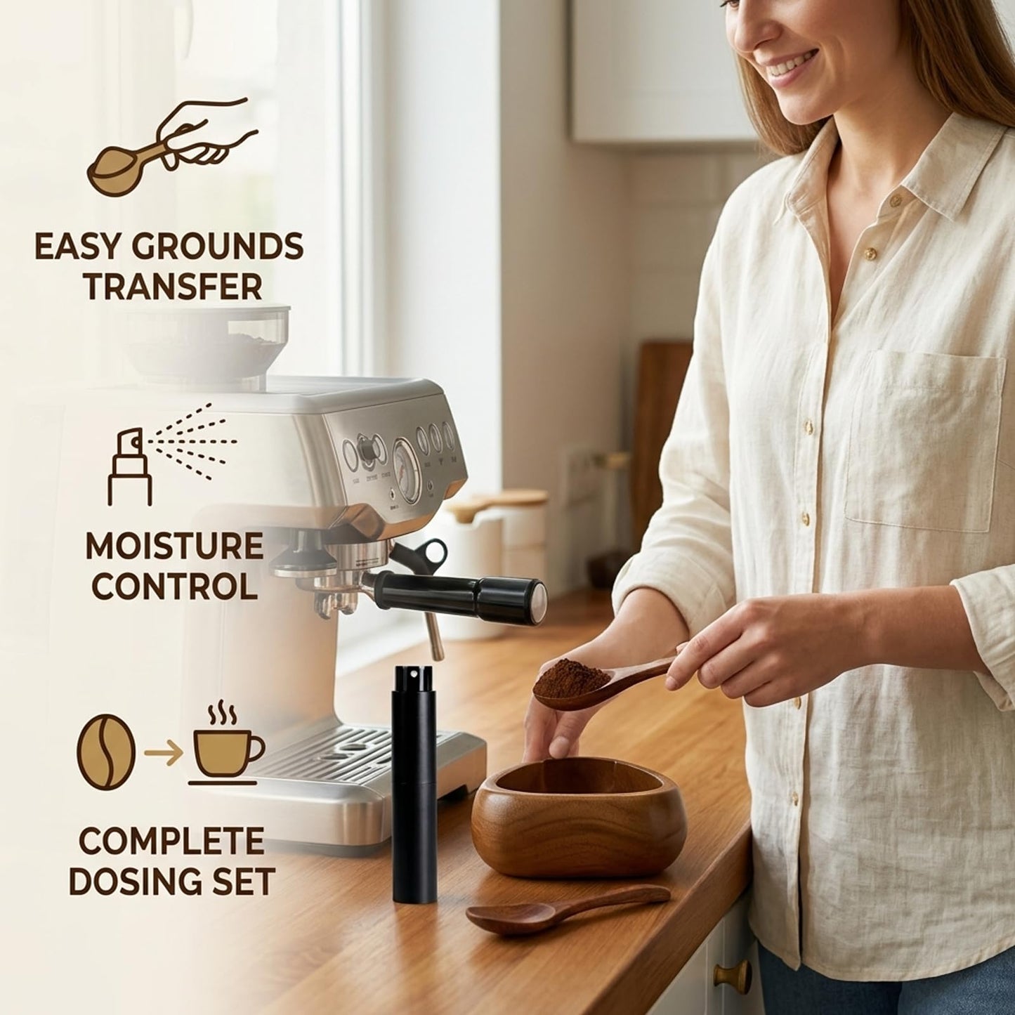 3PCS Coffee Dosing Cup, Wooden Coffee Dosing Set with Black Sprayer and Scale, Grounds Measurement for Espresso Machines and Manual Brewing, Coffee Bean Dosing Cup and Accessories