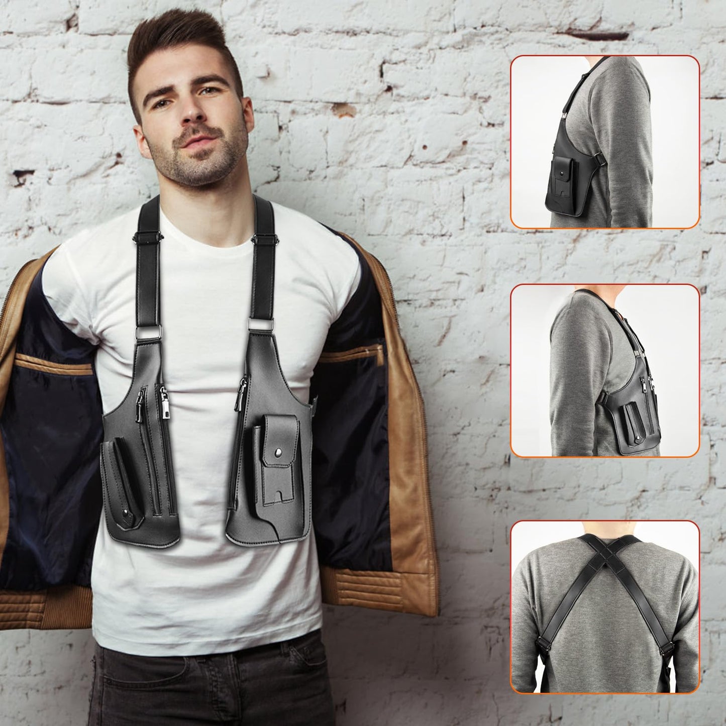 BIFENGSHUNCAI Double Shoulder Armpit Bagm, Mens Leather Shoulder Holster Bag with Anti-Theft Hidden Adjustable Strap Holster, Multi-Pocket Outdoor Water Resistant Crossbody Pack (Black)