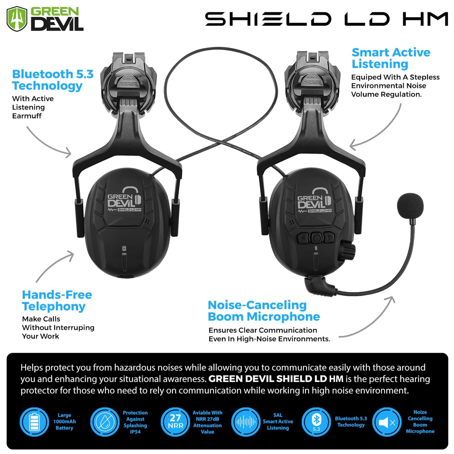 GREEN DEVIL Hard Hat Safety Helmet with Visor Bluetooth Ear Muffs and Headlamp 5 in 1 Full Protection Vented Work Hardhat ANSI Z89.1 Cascos De Construccion for Industrial Construction Forestry