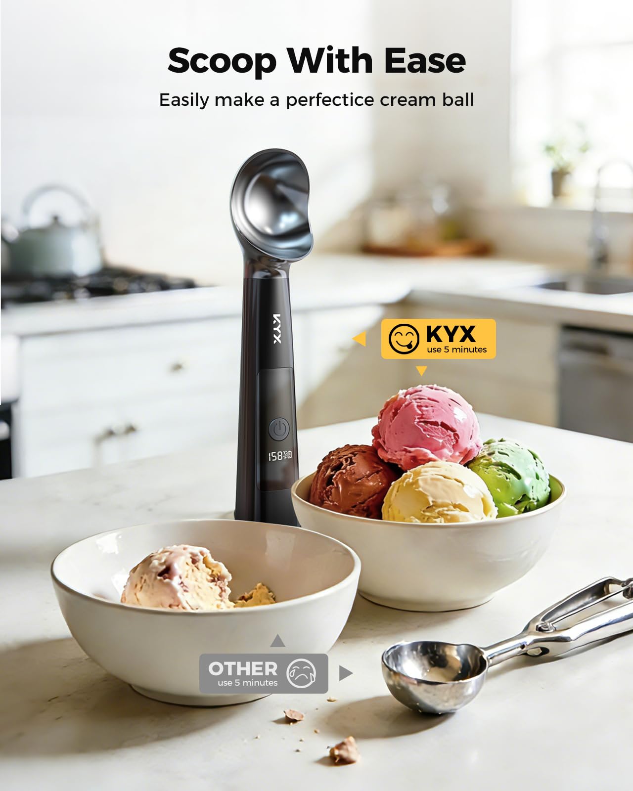 KYX Heated Ice Cream Scoop, with USB-C Charging, 3 Temperature Settings, Food-Grade Zinc Alloy, IPX6 Waterproof & Auto Shut-Off, Ideal for Scooping Hard Ice Cream, Gelato & Frozen Desserts