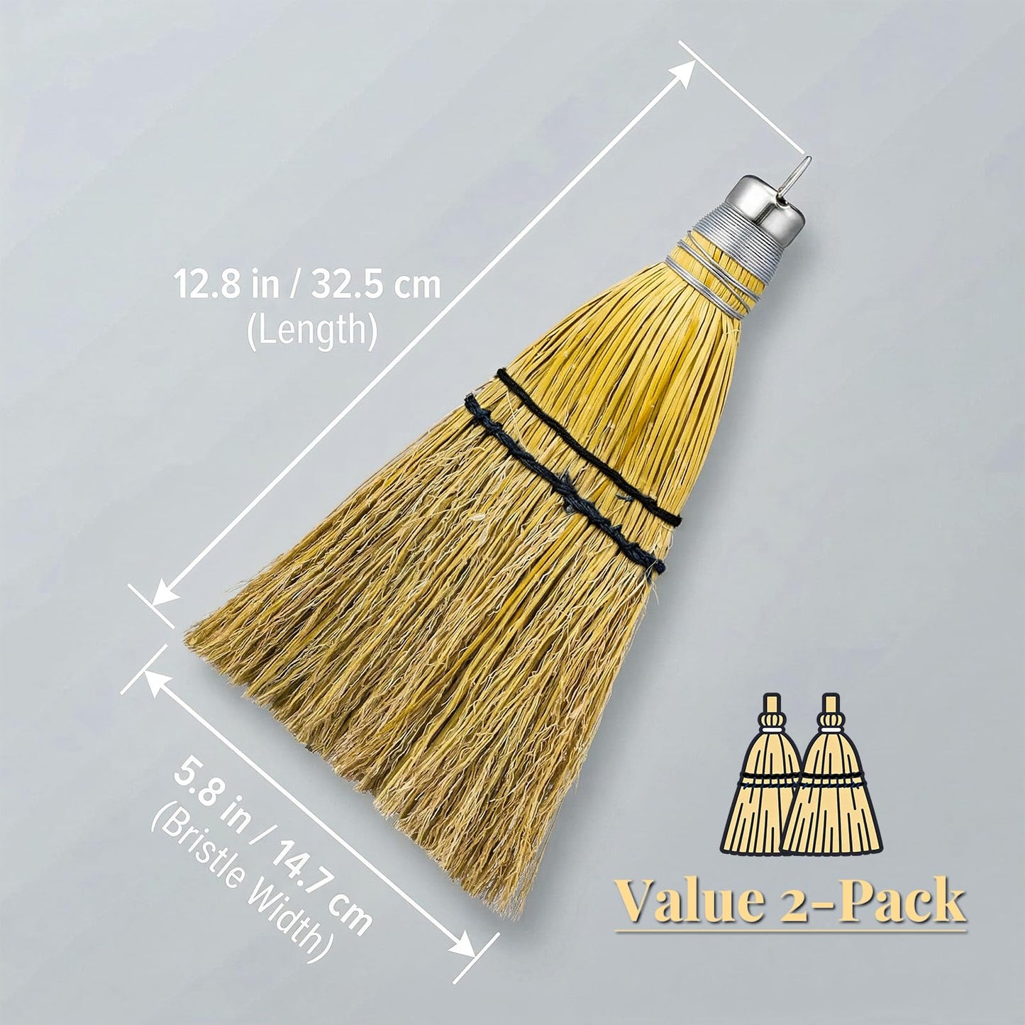 SINZHU Hand Held Whisk Broom 2 Pack, 12" Natural Handmade Corn Mini Broom with Stiff Bristles, Small Straw Sweeping Brush for Fireplace, Car Detailing, Workbench & Farmhouse Decor