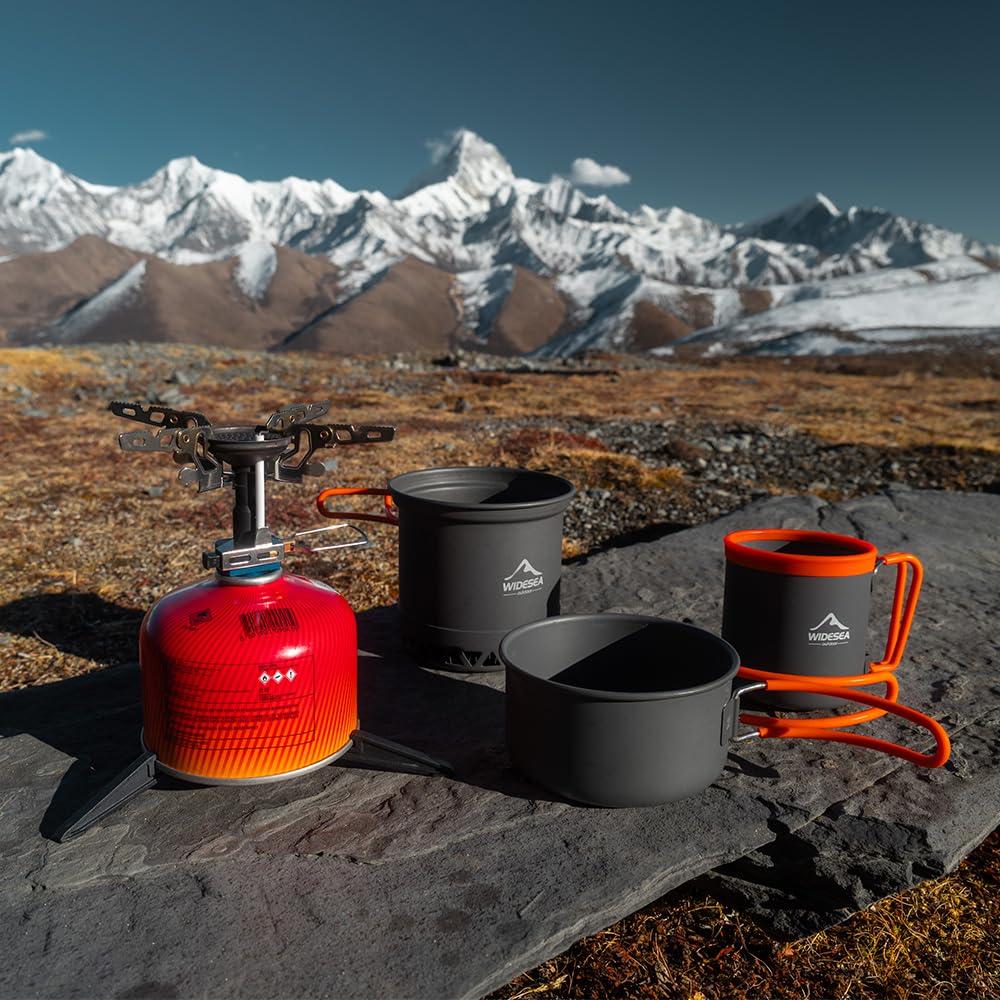 Widesea 1-2 Person Camping Cookware Set – Backpacking Pot with Heat Efficiency Ring, 3300W Folding Stove, 480ML Insulated Aluminum Mug, Utensils & Spice Container – Compact Outdoor Cooking Kit