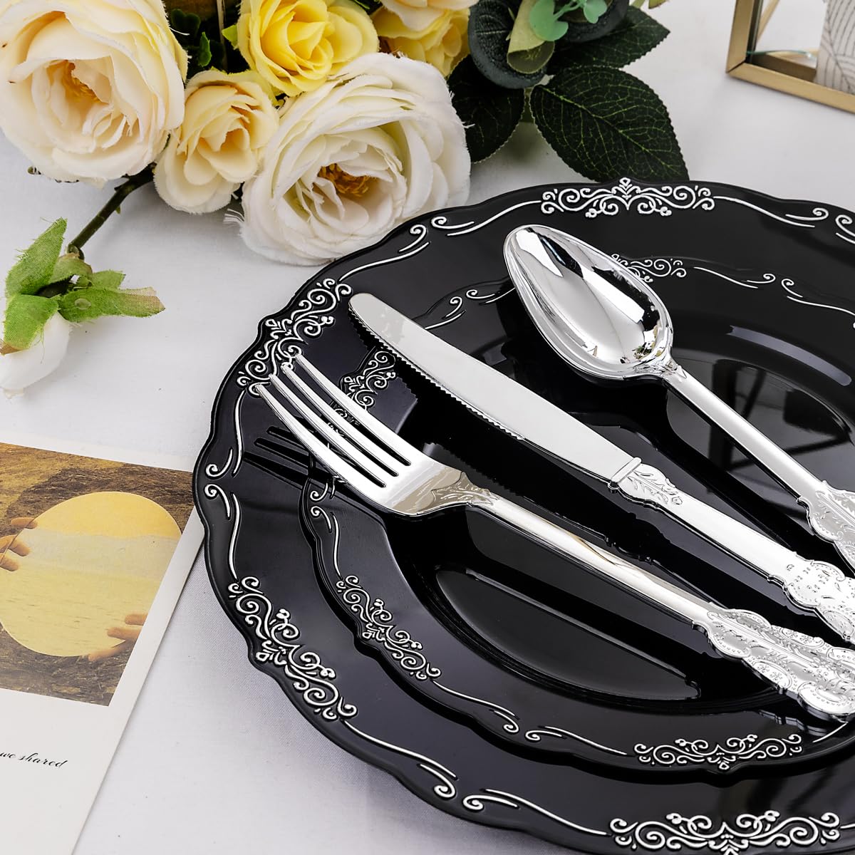 DaYammi 150 Pcs Black Silver Plastic Plates & Silver Plastic Silverware,Black silver Disposable plates for Include 30 Dinner Plate,30 Dessert Plate,30 Knives,30 Forks,30 Spoons for Party Wedding