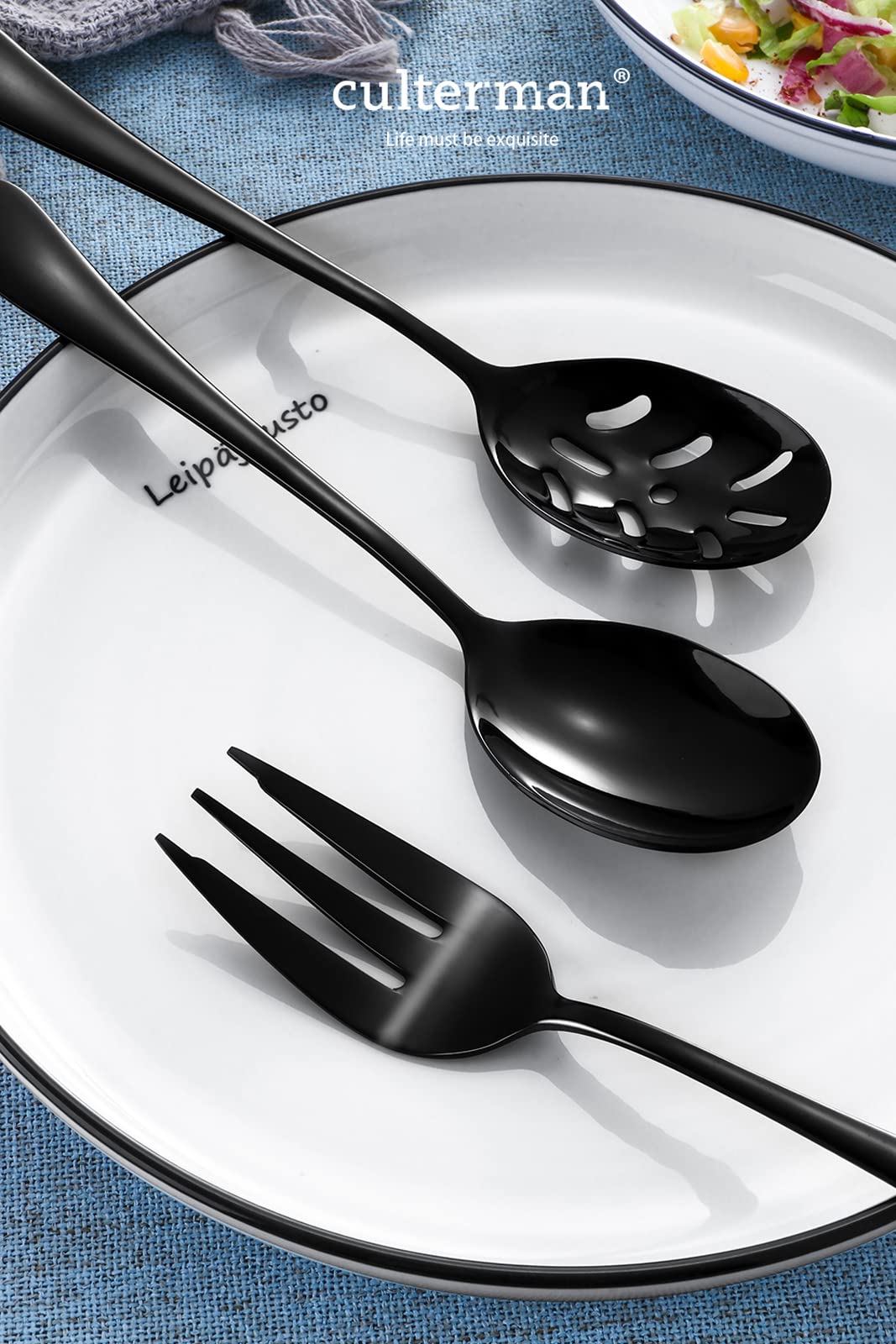 culterman Black Serving utensils set. Stainless Steel Hostess Flatware Sets 7-Piece Includes Silverware Large Salad Spoons,Forks,knifes.Dishwasher Safe.