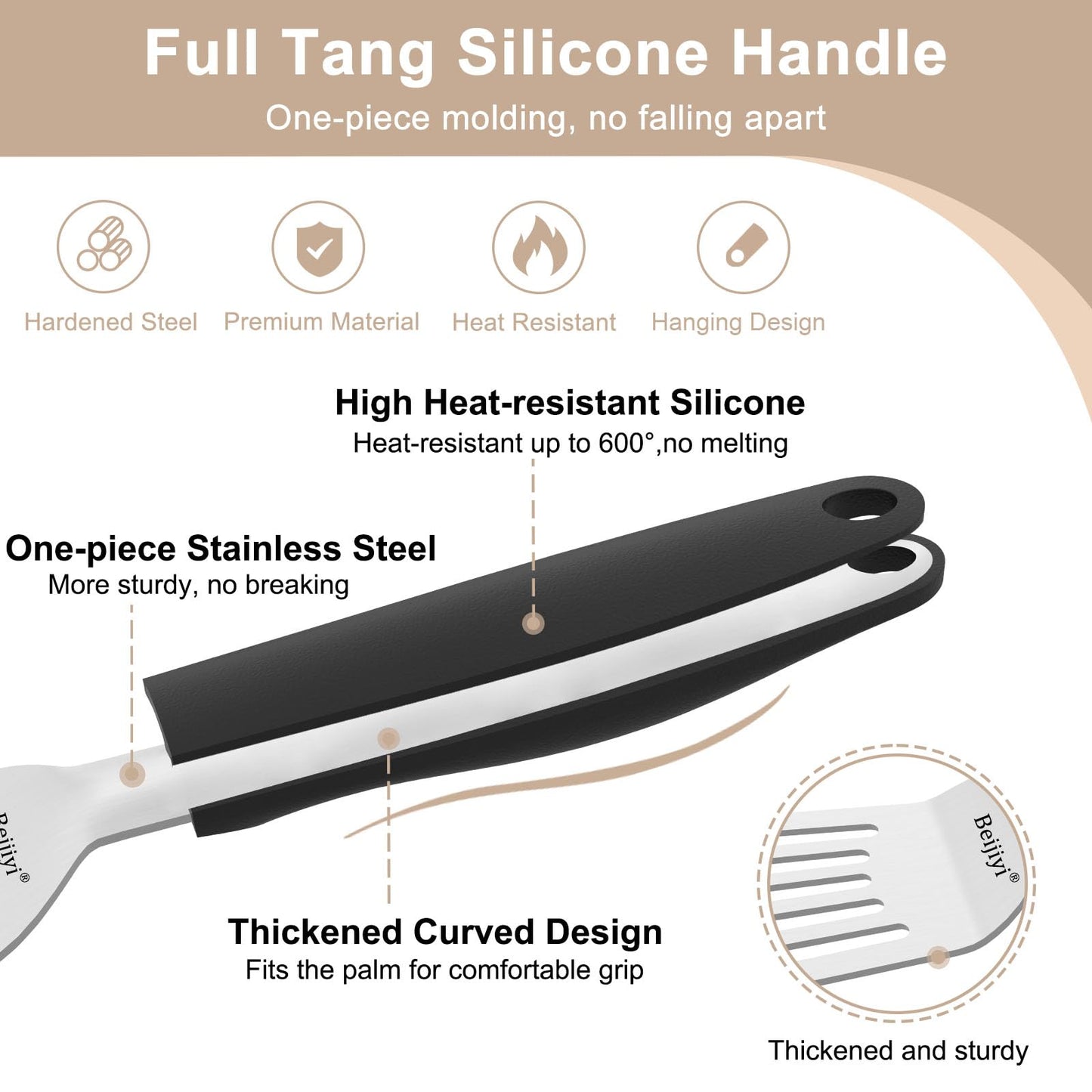 Beijiyi Stainless Steel Fish Spatula Set, 13.3"&11.3" Slotted Turner with Ultra Thin Beveled Edge, Heat Resistant Silicone Handle, Dishwasher Safe Metal Cooking Utensils for Fish, Egg, Burgers