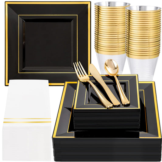 Festiva 350Pcs Black and Gold Plastic Plates-50Guests Disposable Square Black Dinnerware Set include 100 Plastic Plates,50Cups,150Plastic Cutlery,50Napkins for Birthday Party &Wedding&Graduation