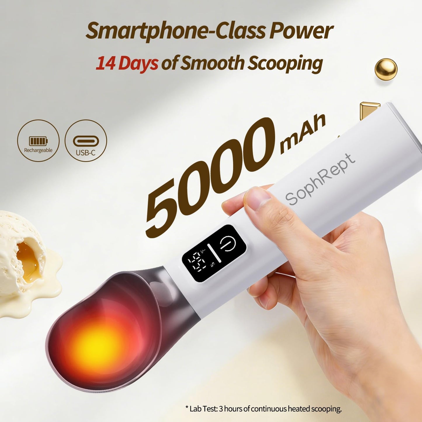 Heated Ice Cream Scoop Rechargeable, 5000mAh, 20W Fast Charging, 30s Heat Up, 158°F Electric Self-Warming Scooper for Hard Frozen Desserts, IP67 Waterproof, Auto Shut-Off