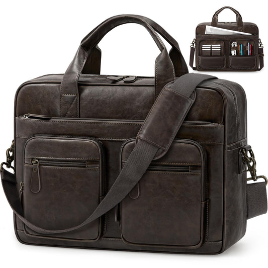 RAINSMORE Vintage Messenger Bag for Men PU Vegan Leather Computer Laptop Bag 15.6 Inch Waterproof Briefcases for Men Retro Mens Briefcase Satchel Bag for Work Office Business Travel Coffee