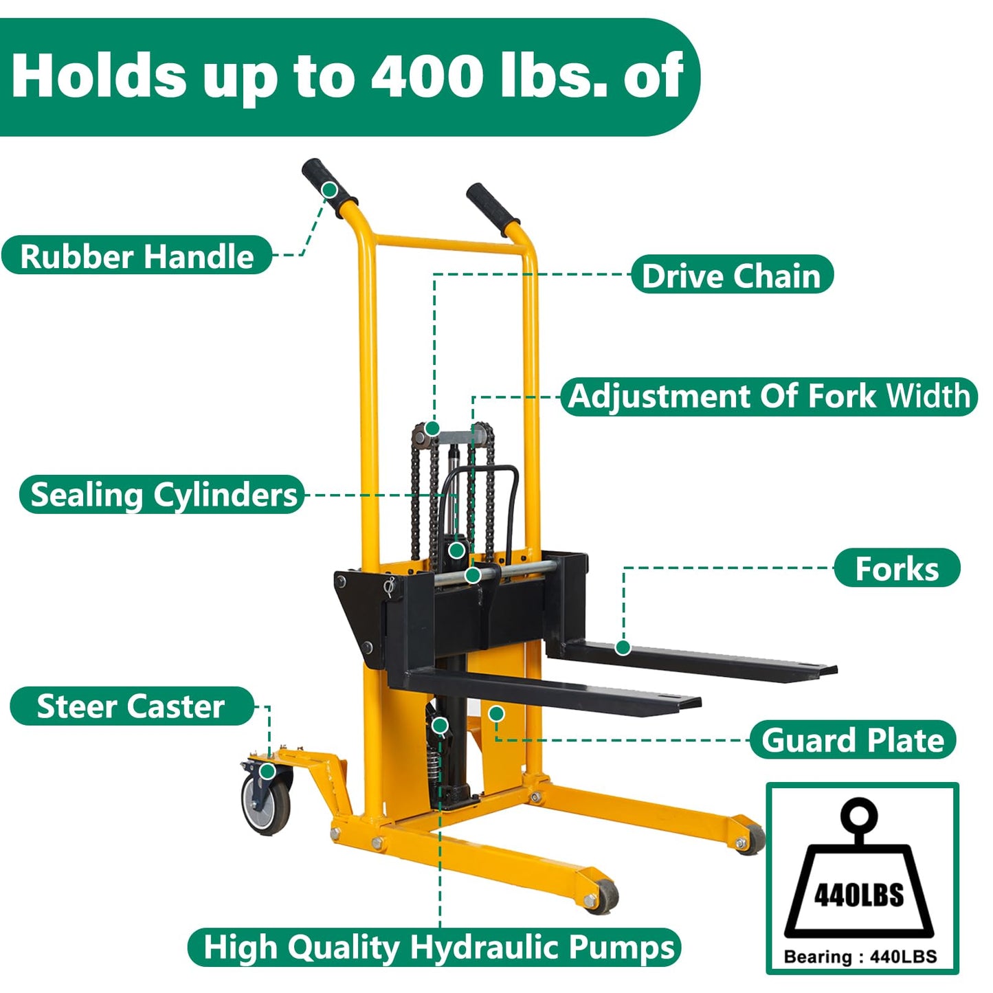 Foldable Hydraulic Material Lift Dolly, Pallet Stacker, 440lbs Capacity, Removable Steel Platform & Fork Arms, with Steer Caster, Winch Stacker (440 lb. Universal Wheel)