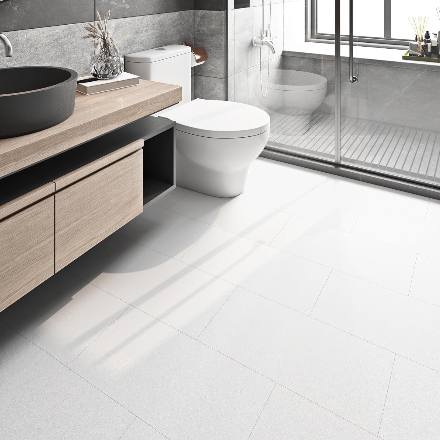 FunStick 12"x24" 15 Pcs Peel and Stick Floor Tile Waterproof White Vinyl Plank Flooring Tiles Peel and Stick Flooring for Bathroom Sticky Tiles for Floor Kitchen RV White Laminate Flooring Walls
