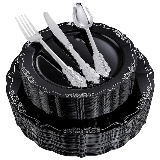 DaYammi 150 Pcs Black Silver Plastic Plates & Silver Plastic Silverware,Black silver Disposable plates for Include 30 Dinner Plate,30 Dessert Plate,30 Knives,30 Forks,30 Spoons for Party Wedding