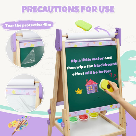 3-in-1 Kids Art Easel Set, Height Adjustable Magnetic Whiteboard & Chalkboard with Painting Paper Roll, Wooden Dual-Sided Art Station for Toddlers & Children Ages 3-8 (Art Supplies Included)