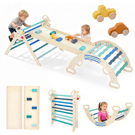 DUMOS Pikler Triangle Set, Toddler Climbing Toys and Play Structure Indoor, 9-in-1 Wooden Montessori Climbing Set with Arch, Ramp and Ladder, Foldable Baby Jungle Gym