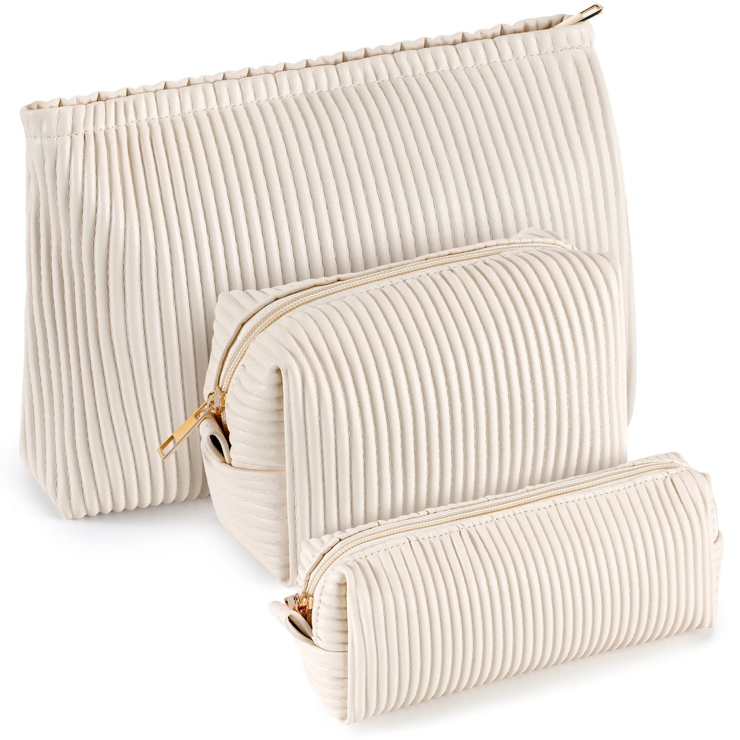Talltalk 3 Pcs Cosmetic Makeup Bag for Women Portable Travel Toiletry Cosmetic Pouch Cute Bag Accessories Brushes Storage Organizer for Daily Use, 3 Sizes(Pu Leather,Elegant)
