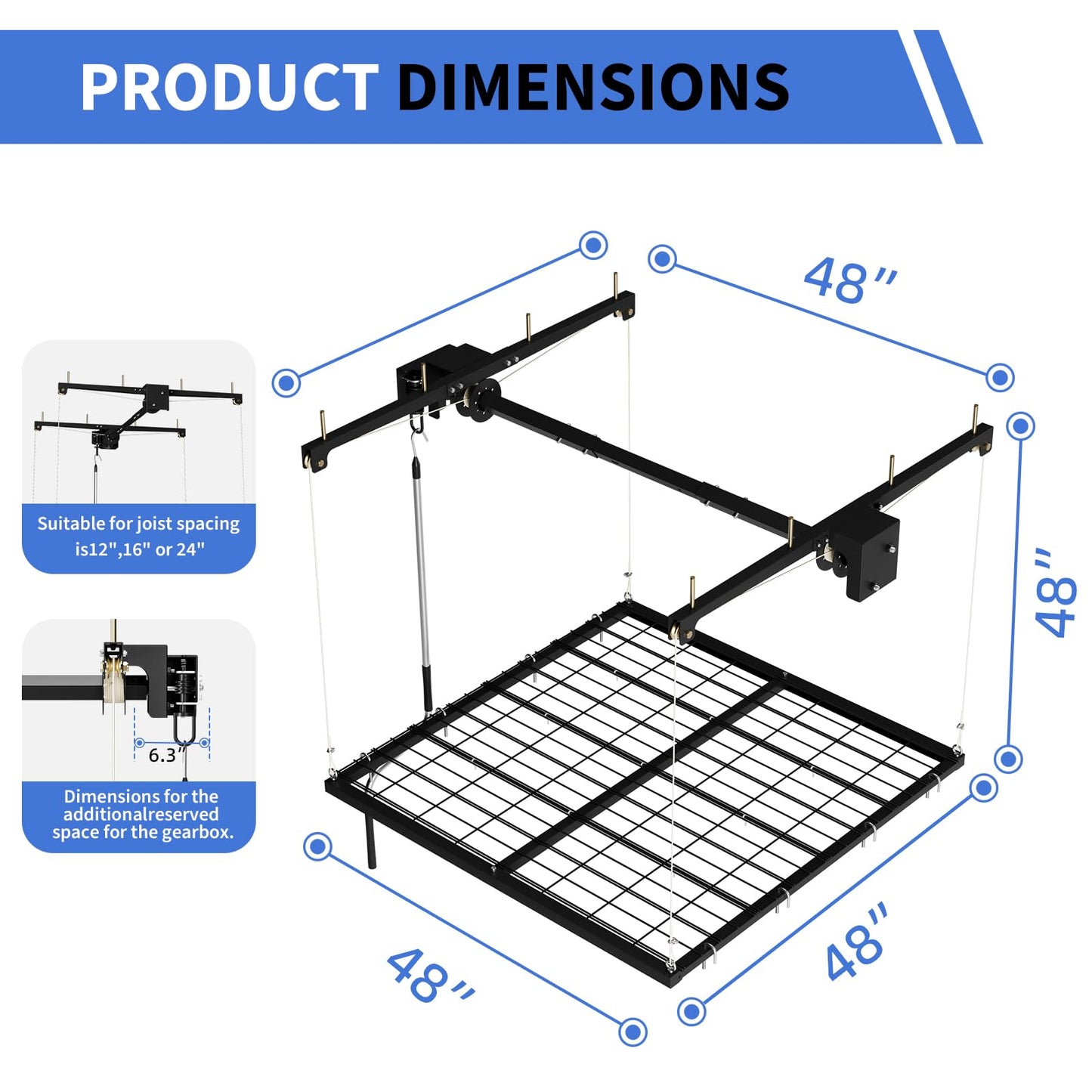 Overhead Garage Lifting Storage Rack, Maximize Your Garage Storage with Our 4x4 Ft Heavy-Duty Ceiling Storage Rack System, Supports 350 lbs, Adjustable & Easy to Install (Black 4x4 ft)