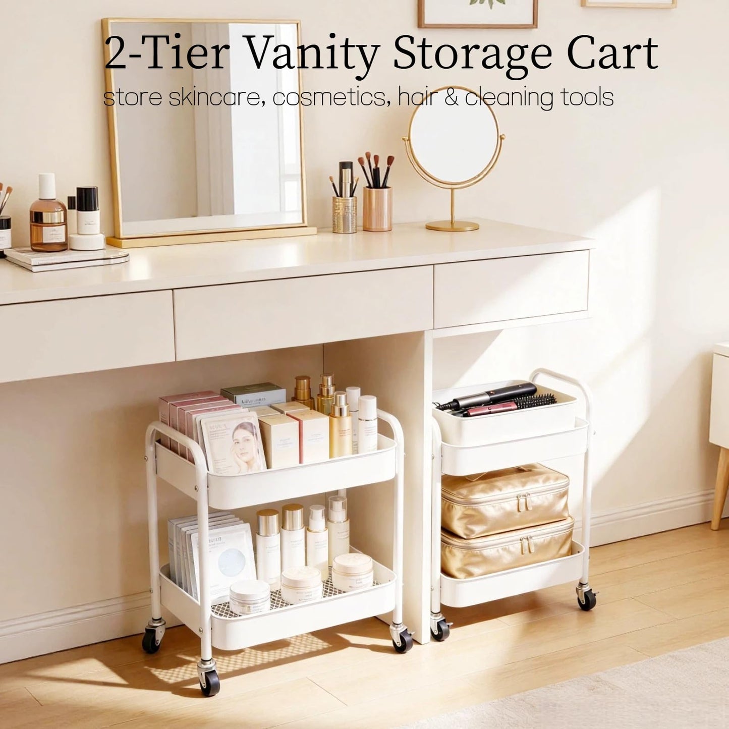 Ufriandz Under Desk Storage Cart 2 Tier Utility Rolling Cart with Wheels, Small Metal Mobile Trolley with Handle Two Tiered Utility Organizer Roller for Kitchen Office Bathroom Pantry Room, White