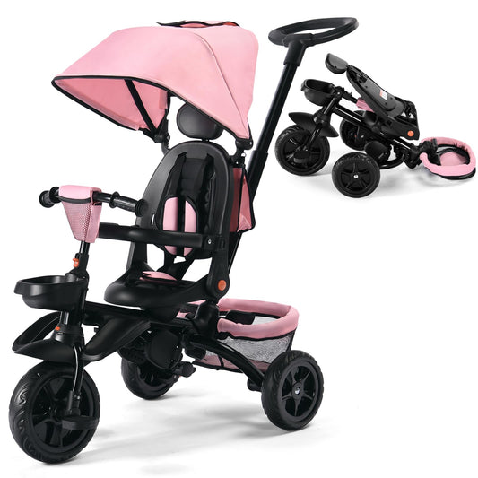 Kinder King Kids Tricycle, 7 in 1 Folding Toddler Trike w/Adjustable Push Handle, Rotatable Seat, Adjustable Canopy, Safety Harness, Storage, Toddler Bike for Age 6 Months+,Pink
