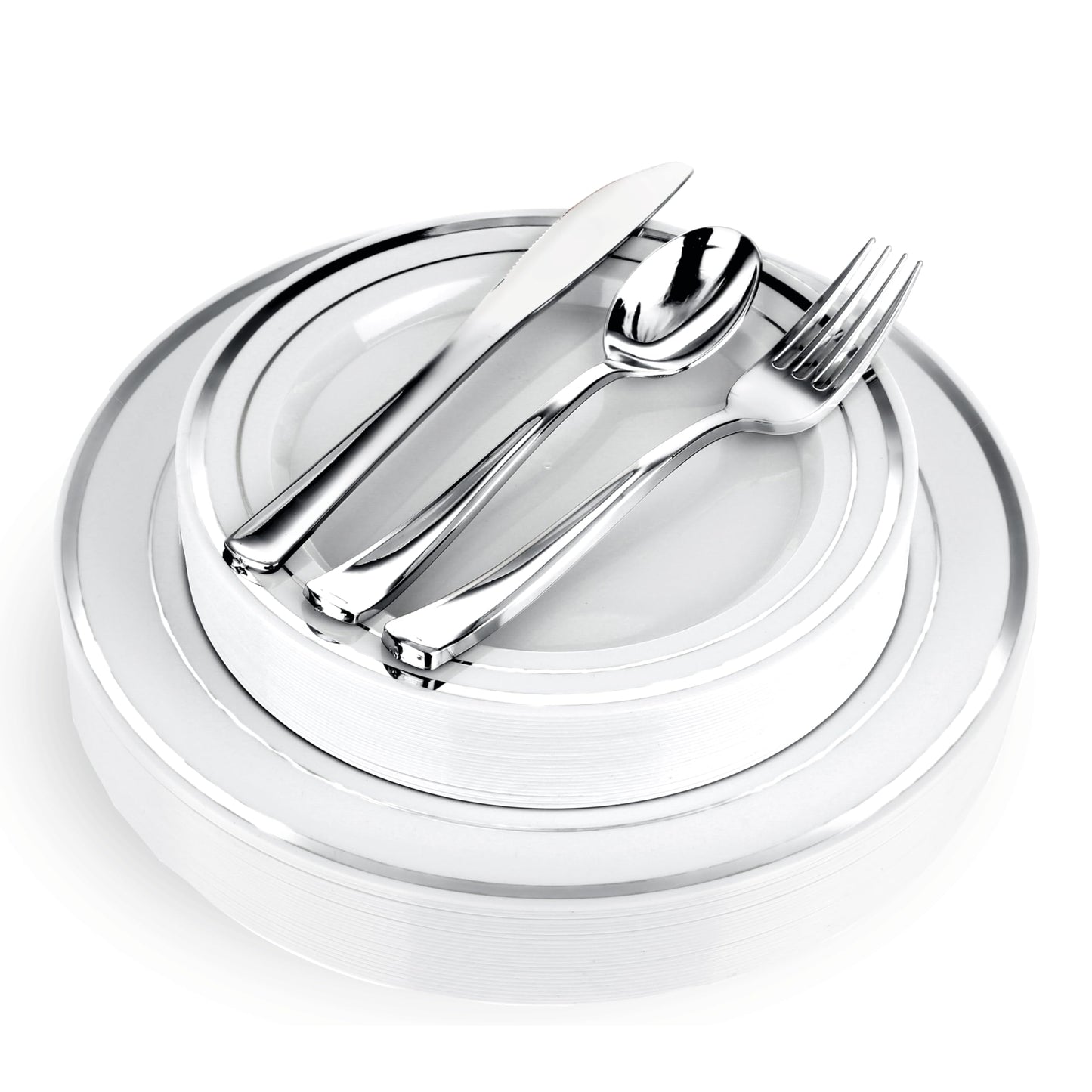 125-Piece White and Silver Fancy Plastic Plates Disposable with Silverware, Elegant Dinnerware for Weddings, Holiday Party China, Set of 25 Dinner + Salad Plates, 25 Spoons, 25 Forks, 25 Knives
