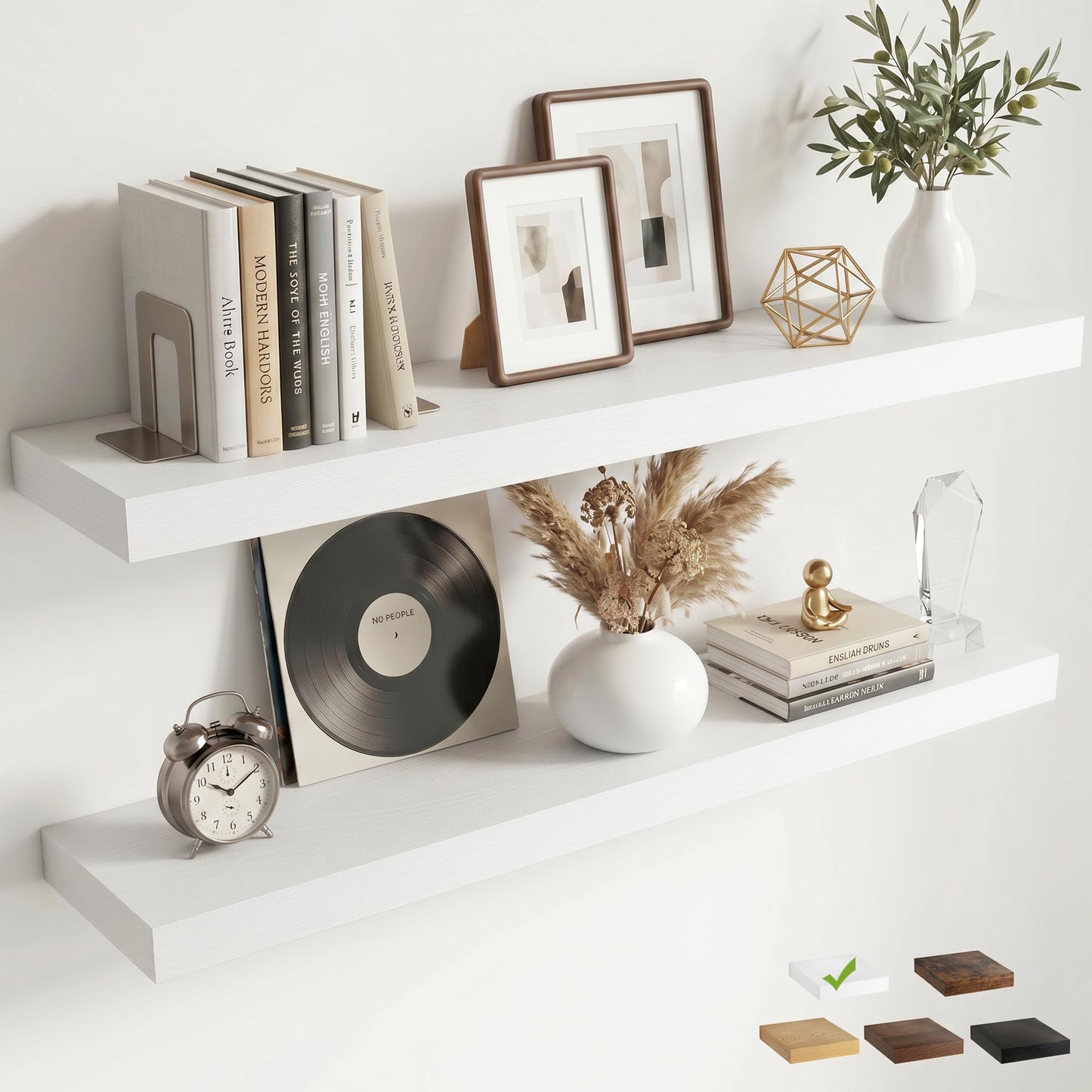 FLYJOE Floating Shelves for Wall, 40 Inch Floating Shelves Set of 2, 8" D Wooden Wall Mounted Display Shelves with Invisible Brackets for Living Room, Bedroom, Bathroom, Kitchen Decor, White