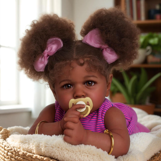 JIZHI Reborn Baby Dolls Black - 22 Inch Lifelike Soft Body Realistic-Newborn Baby Dolls Taupe Eyes Caramel Skin Tone Pink Striped Skirt Real Life and Toy Accessories Gift for Kids Age 3